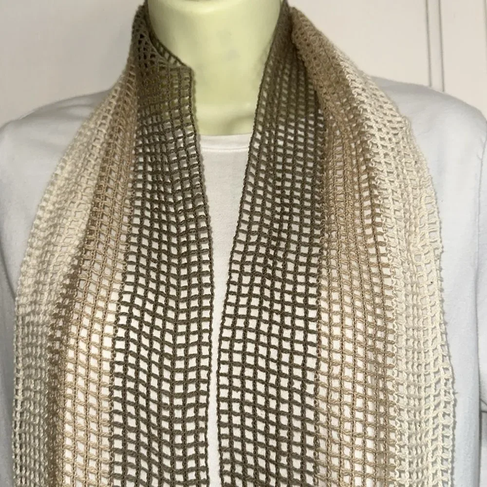 Vintage 70s/80s Open Crochet Weave Brown, Tan & Cream‎ Scarf with Fringe Hem